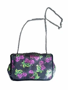 BETSEY JOHNSON Sequined Turn Lock Chain Shoulder Bag Pink Roses Green Leaves - Picture 1 of 6