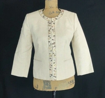 Womens 4 P Blazer Linen Bl Beige Earth Tone Beads JM Collection Jacket 3/4 Sl LN - Image 1 of 4