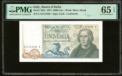 ITALY BANCA D'ITALIA 1971 5,000 LIRE, PICK102a PMG CERTIFIED CU-65-EPQ - Image 1 of 2