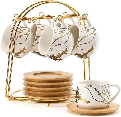 Ceramic Espresso Cups with Saucers and Metal Stand,Small 4oz Porcelain Demitasse - Image 1 of 4
