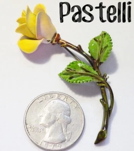 Vtg Signed PASTELLI Yellow Enamel Budding Rose Pin, Brown Stem Green Leaves 2.5" - Picture 1 of 4