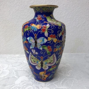 Chinese Style Cloisonné Blue Enamel and Brass Vase Floral Butterfly Design 8” - Picture 1 of 8