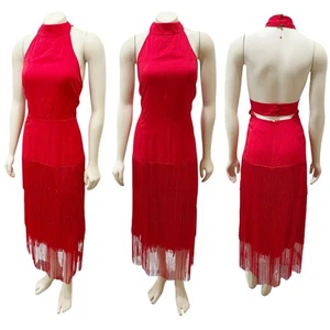 Anthropologie Maxi Abito Rosso con Frange Tinta Unita Taglia 14 - Foto 1 di 13