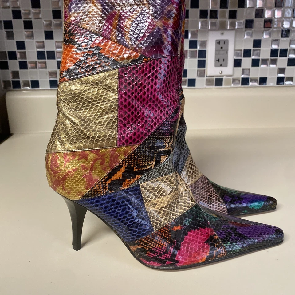 Beverly Feldman Vintage Y2K Colorido Patchwork Serpiente Botas Talla 6.5 Foto 1 de 4