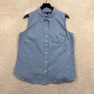 Tommy Hilfiger рубашка женщин размер большой синий Chambray без рукавов на пуговицах - Изображение 1 из 4