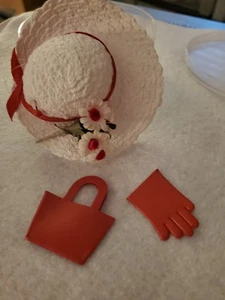 White Flowers Doll Hat Red Purse  Glove Fit 8” Wendy Ginger Ginny Muffie No Doll - Picture 1 of 9