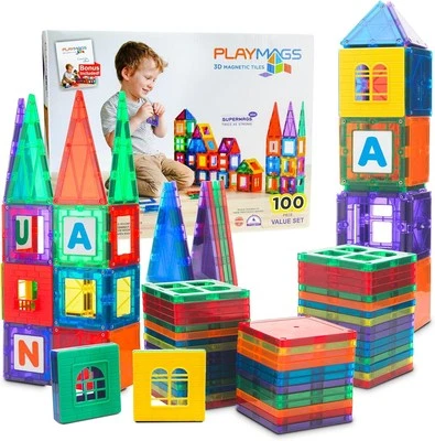 Playmags 100-Piece Magnetic Tiles Building Blocks Set, 3D Magnet for...  - Image 1 of 4