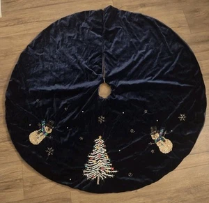 Blue Velvet Sequinned Tree Skirt Christmas Tree Snowman 44" Excellent Condition - Picture 1 of 5