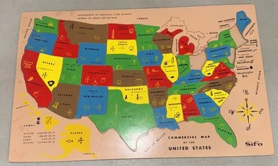 Vintage SIFO Commercial Map Of The United States 1950's Wood Map Puzzle 19X12"  - Image 1 of 4