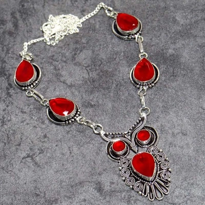 猫头鹰红玛瑙 925 镀银宝石手工项链 18 英寸优质礼物 MJ — 第 1/3 张图片