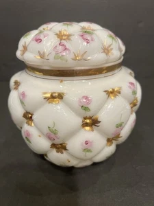1950s Pink Consolidated Glass Quilted Milk Glass Jar Handpainted Charleton Mark - Picture 1 of 11