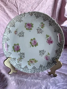 Antiker Moritz Zdekaur österreichischer Porzellan Teller mit rosa Rosendekor - Bild 1 von 4