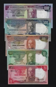 Portugal Angola COMPLETE SET 20+ 50 + 100 + 500 + 1000 ESCUDOS 1972 UNC - Picture 1 of 2