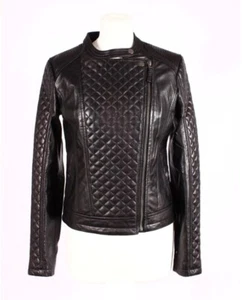 Women's Real Leather Slim Fit Collarless Biker Motorcycle Fashion Jacket - Black - Picture 1 of 11