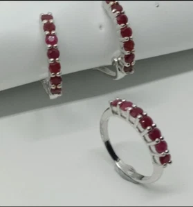 925 Sterling Silver Lab Created Ruby Gemstone Eternity Ring Earring Jewelry Set - Picture 1 of 11