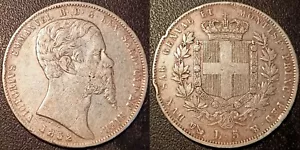 Italie - Sardaigne - Vittorio Emanuele II - 5 Lire argent 1852 / 50 P !! KM#144 - Foto 1 di 2