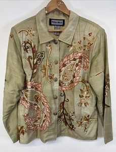 Indigo Moon Jacke Gold & Grün Blumen verziert Leicht L UK 18/20 - Bild 1 von 14