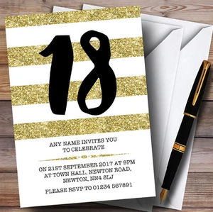 Glitter Gold & White Striped 18th Personalised Birthday Party Invitations - Picture 1 of 1