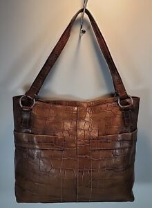 FOSSIL Brown Crocodile Embossed Leather Tote Bag Carryall Shoulder Purse READ