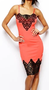 Lipsy Koralle Bodycon Midikleid 12 Anlässe Weihnachten Party Spitzenborte Cami schwarz rot - Bild 1 von 22