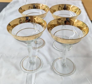 VTG Dorothy Thorpe Wide Gold Band Champagne Coupe Glasses Set of 4 - Mid-Century - Picture 1 of 10