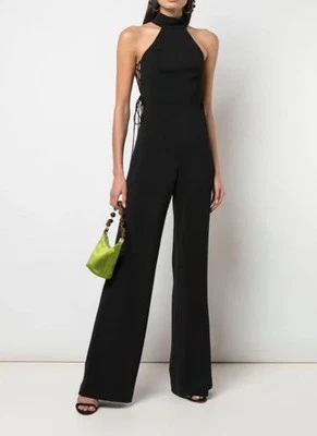 Mono Jay Godfrey para mujer 8 lados recortados con cordones negro halter pierna ancha pantalones Foto 1 de 4