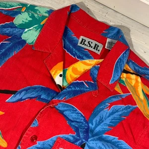 Vintage BSR Parrots Hawaiian Button Up Shirt Size Large Aloha Birds Jungle - Picture 1 of 9