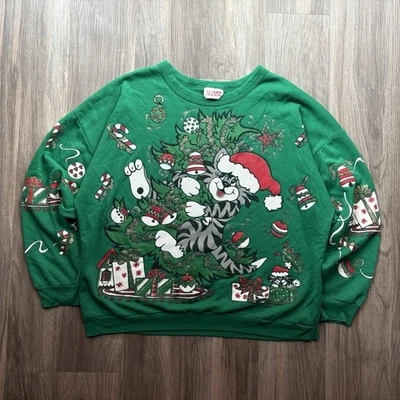 Sudadera Para Hombre’s 1980’s De Colección Gato Vacaciones Cuello Redondo BOXY XL Verde Gráfico De Colección Foto 1 de 4