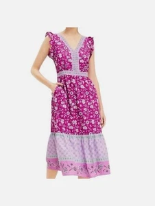 Loft Kleid Damen Multi Blumen V-Ausschnitt Rüschenärmel Midi Cottagecore Petite 10P - Bild 1 von 8