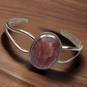 Native American Navajo Sterling Silver & Rhodochrosite Cuff 2.5 in VTG Bracelet - Picture 1 of 5