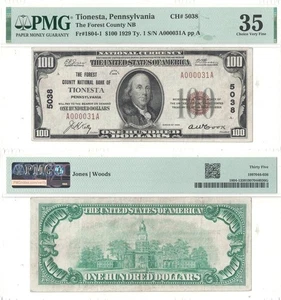 1929 $100 Tionesta, Pennsylvania PMG Ch VF-35 Charter 5038 - Picture 1 of 1