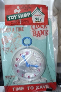 Vintage Kunststoff Uhr Bank Time to Save New Old Stock in Originalverpackung - Bild 1 von 2