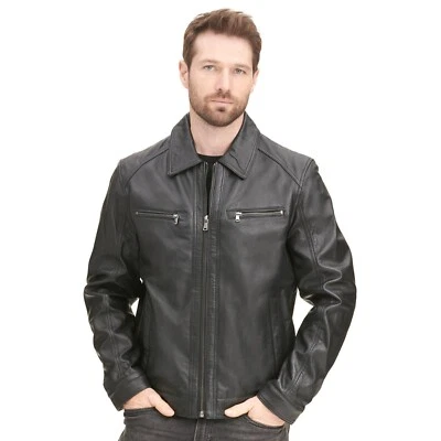 Nueva Chaqueta de Cuero de Piel de Cordero Geniune Negra Calce Ajustado Motociclista Motocicleta Chaqueta Foto 1 de 4