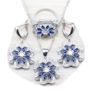 Sterling Silver Set Flower Blue Crystal Earrings Necklace Pendant Bracelet Ring - Picture 1 of 6