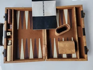 VTG Backgammon Set Game Travel Case Tan Brown Nice 8x11 Instructions Complete - Picture 1 of 4