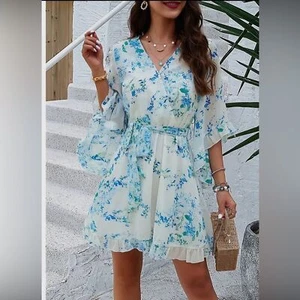 FLORAL RUFFLED SPRING MIDI DRESS - Picture 1 of 2
