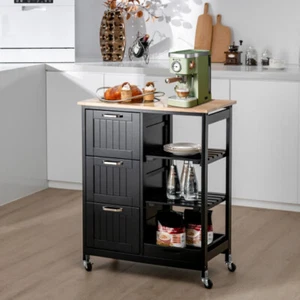 Rolling Kitchen Island Utility Storage Cart Wood 3 Large Drawers Shelves Black - Picture 1 of 8