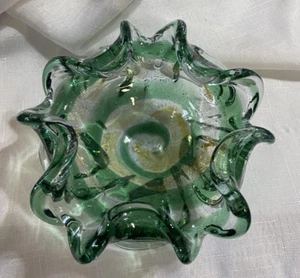 VTG Murano Art Glass Green Swirl Gold Fleck Bowl Dish Ashtray MCM Decor - Picture 1 of 10