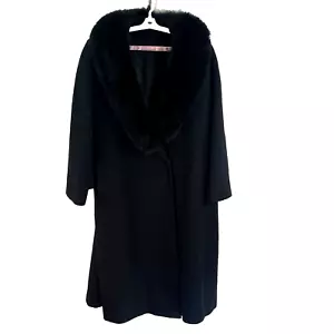 Vintage Forstmann Windermere 100% Wool Fur Collar Coat Womens Size L Black - Picture 1 of 11