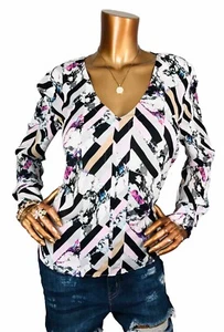 Jennifer Lopez M Top Soft V Cut Multi Prints High Low Hem Easy Wear Blouse JLo - Picture 1 of 10
