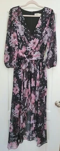 Eliza J Kleid Damen 16 schwarz Blumen dunkel romantisch Fee Chiffon Midi Maxi Wickeloptik - Bild 1 von 10
