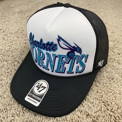 Charlotte Hornets 47 Trucker Sombrero Espuma Snapback Blanco Negro Malla Escritura Logo Gorra Foto 1 de 4