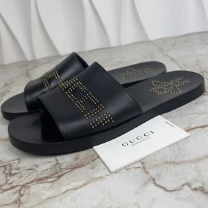 Gucci Nieten Logo Biene Pantoletten Sandalen schwarz Leder 7,5 G oder 8 US 41,5 EU - Bild 1 von 11