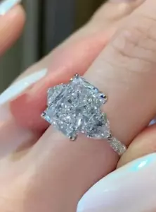 4Ct Ice-Crushed Radiant Cut Moissanite Three Stone Wedding Ring 14K White Gold - Picture 1 of 6