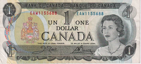 1973 Canada 1 Dollar Banknote - P# 85c - Crow / Bouey - Fine - # 29723 Cover