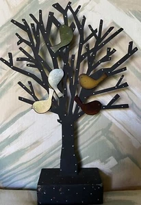 Black Metal Sculpture Jewelry Tree, 5 Baby Birds Measures 12”W x 2 3/4”L x 17” H - Picture 1 of 7