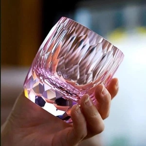 Antique Edo Kiriko Crystal Whiskey Glass Hand Cut To Clear Pink 9oz Gift Packing - Picture 1 of 12