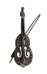 Broche pinback vintage de plata esterlina para violín y arco de marcasita - Imagen 1 de 3