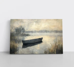 Impresión de pintura neutra Misty Lake Serenity bote de remos sobre lienzo enmarcado arte de pared - Imagen 1 de 15