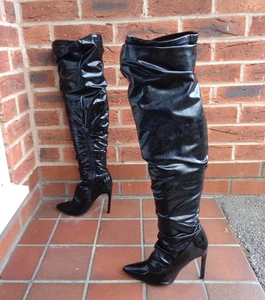 BLACK SHINY LATEX EFFECT OVER KNEE POINTY BOOTS * 6 uk * DOMINATRIX * FXTISH - Picture 1 of 6